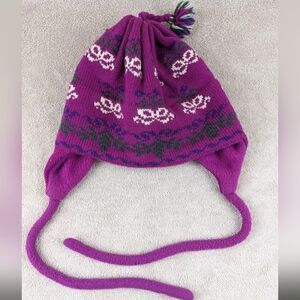 Turtle Fur Earflap Knit Ski Hat Adult OSFA Purple Wool Blend Pom Winter